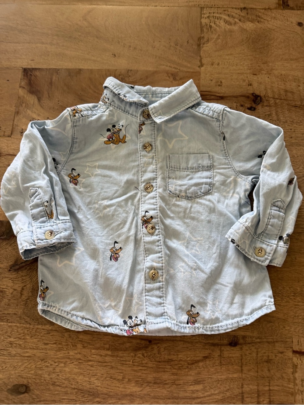 Zara Light Wash Disney Pluto printed Button-Up Shirt size 3-6 months